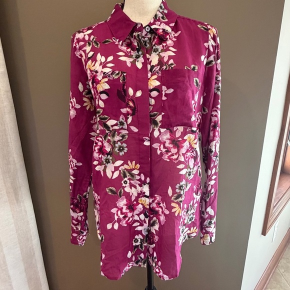 White House Black Market Tops - White House Black Market Purple Floral Long Sleeve Silk Blend Shirt, Size 8